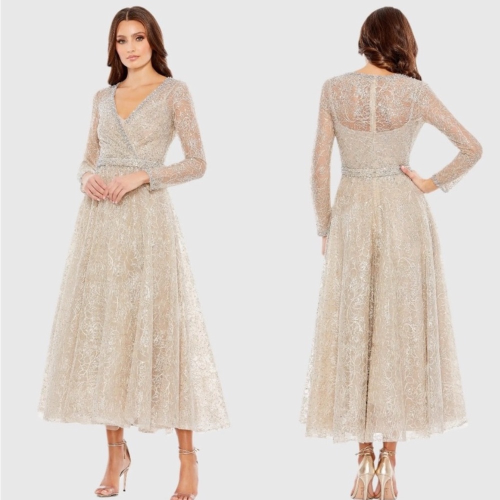 Mac Duggal 20366 Nude Embellished Wrap Over Long Sleeve Dress Size 14 NWT Taupe